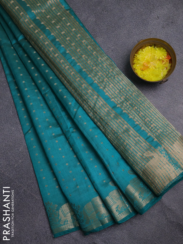 Semi raw silk saree teal green shade with allover zari woven 1000 buttas and zari woven border
