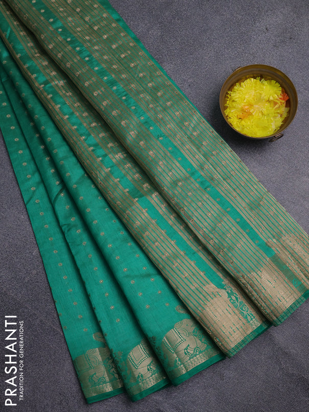 Semi raw silk saree teal green with allover zari woven 1000 buttas and zari woven border