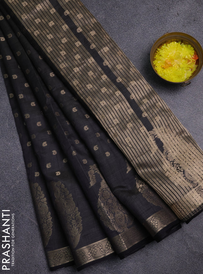 Semi raw silk saree black with allover zari woven 1000 buttas and zari woven border