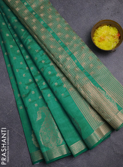 Semi raw silk saree teal green with allover zari woven 1000 buttas and zari woven border