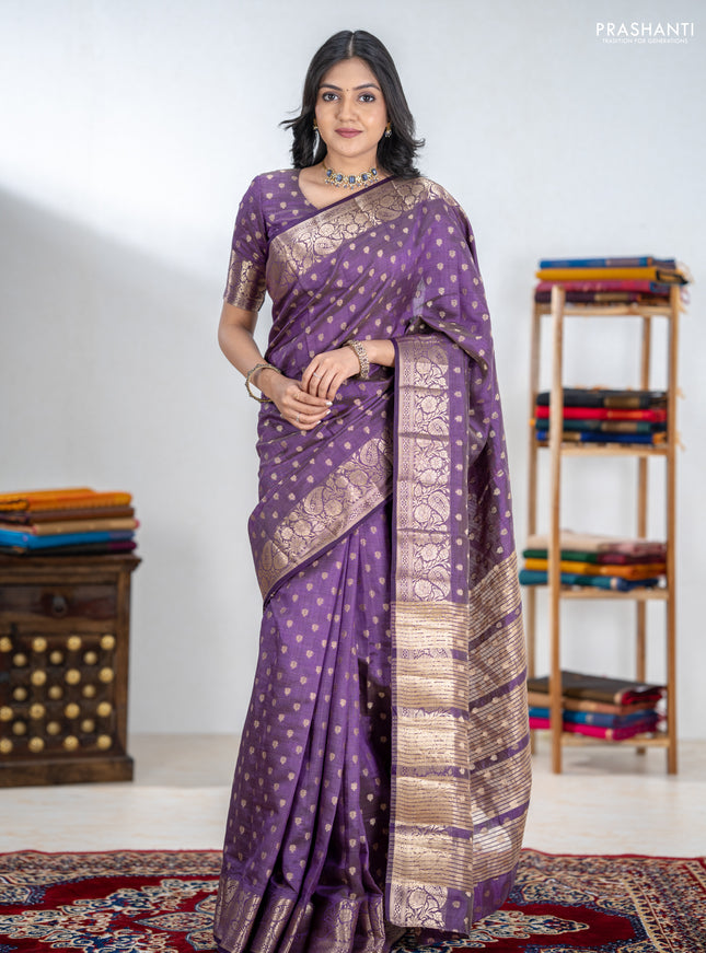 Semi raw silk saree purple with allover zari woven 1000 buttas and zari woven border