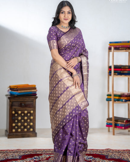 Semi raw silk saree purple with allover zari woven 1000 buttas and zari woven border