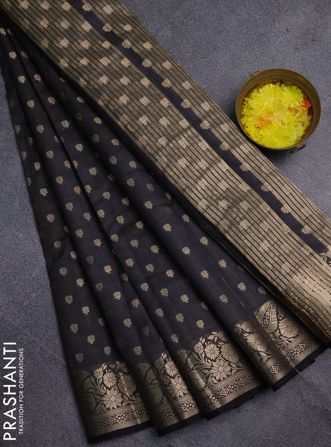 Semi raw silk saree black with allover zari woven 1000 buttas and zari woven border