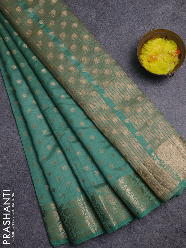Semi raw silk saree pastel green with allover zari woven 1000 buttas and zari woven border