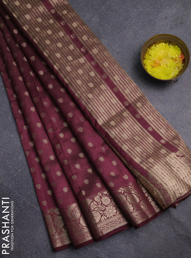 Semi raw silk saree maroon with allover zari woven 1000 buttas and zari woven border