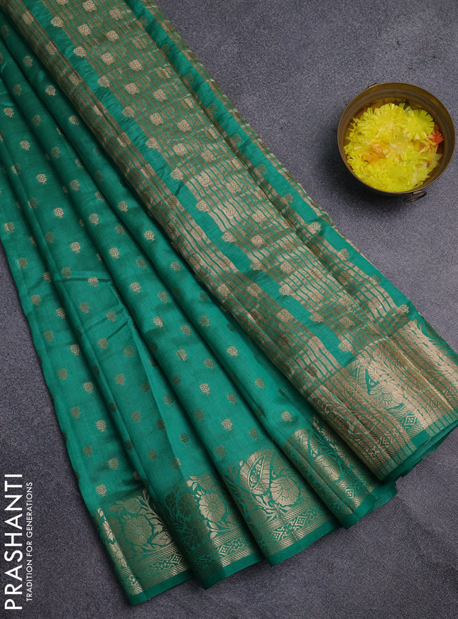 Semi raw silk saree teal green with allover zari woven 1000 buttas and zari woven border
