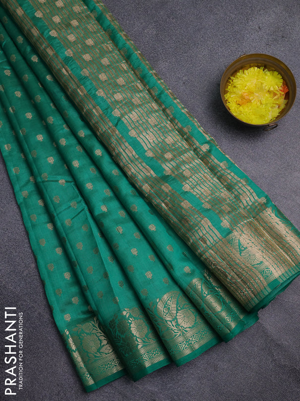 Semi raw silk saree teal green with allover zari woven 1000 buttas and zari woven border