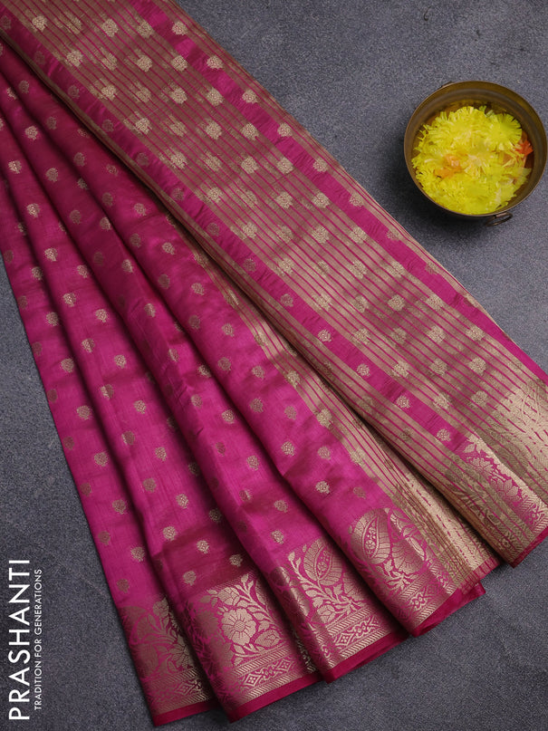 Semi raw silk saree rani pink with allover zari woven 1000 buttas and zari woven border
