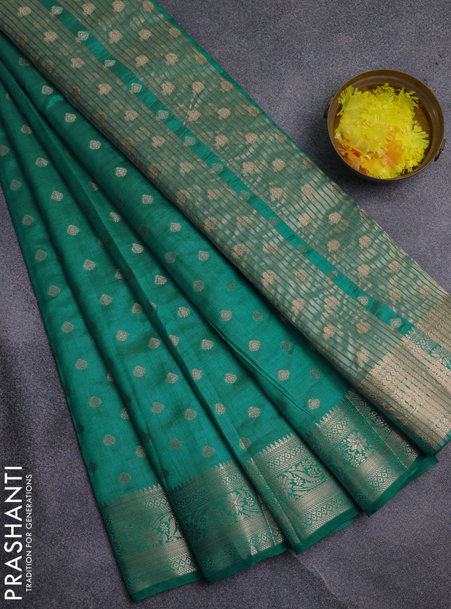 Semi raw silk saree teal blue with allover zari woven 1000 buttas and zari woven border