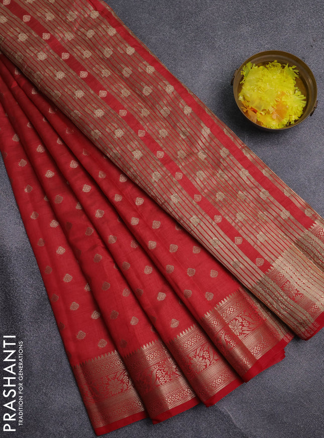 Semi raw silk saree red with allover zari woven 1000 buttas and zari woven border
