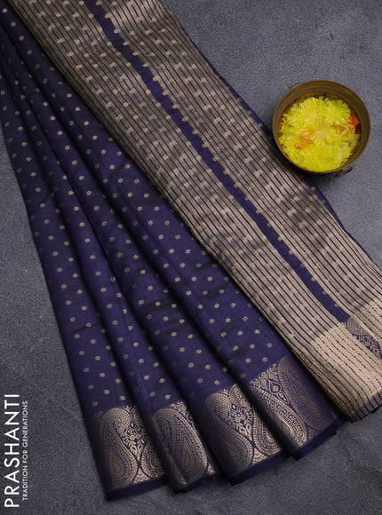 Semi raw silk saree navy blue with allover zari woven 1000 buttas and zari woven border