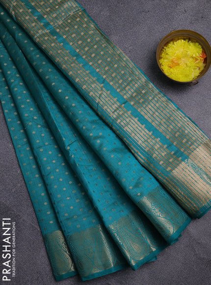Semi raw silk saree teal blue with allover zari woven 1000 buttas and zari woven border