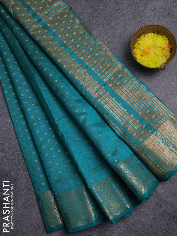 Semi raw silk saree teal blue with allover zari woven 1000 buttas and zari woven border