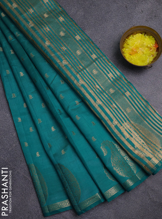 Semi raw silk saree teal blue with allover zari woven 1000 buttas and zari woven border