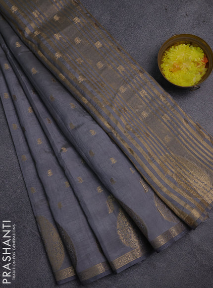 Semi raw silk saree grey with allover zari woven 1000 buttas and zari woven border