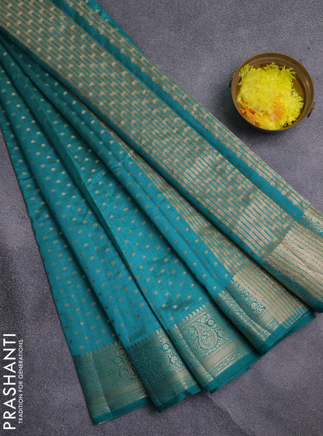 Semi raw silk saree teal green with allover zari woven 1000 buttas and zari woven border
