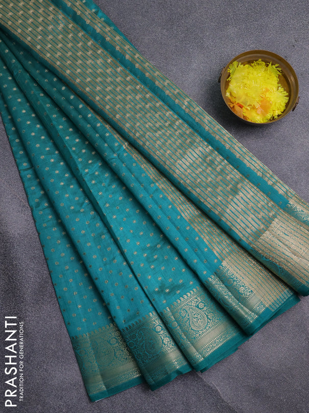 Semi raw silk saree teal green with allover zari woven 1000 buttas and zari woven border