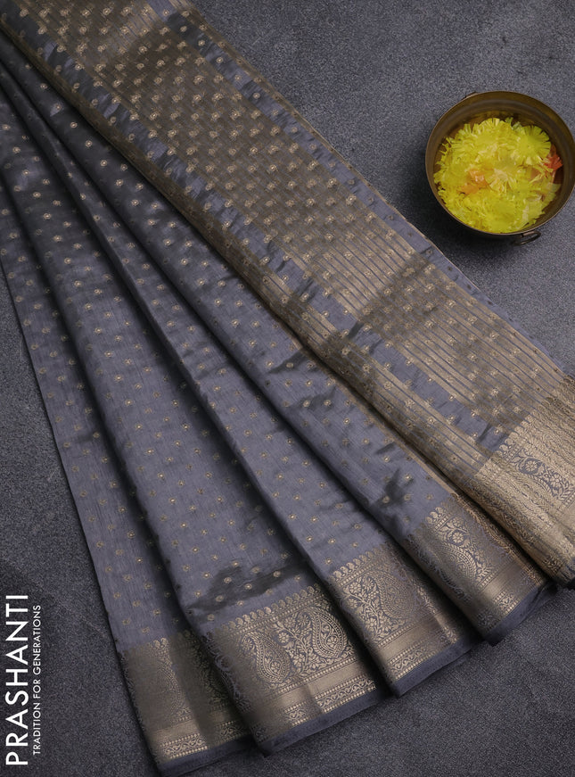 Semi raw silk saree grey with allover zari woven 1000 buttas and zari woven border