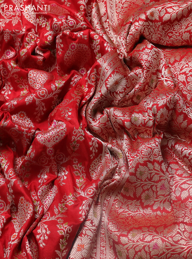 Banarasi uppada silk saree red with allover zari woven brocade weaves and floral zari woven border