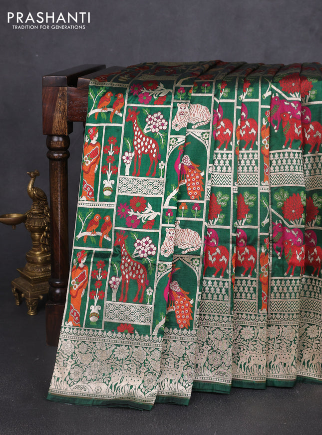 Banarasi uppada silk saree green with allover shikargh weaves and zari woven border