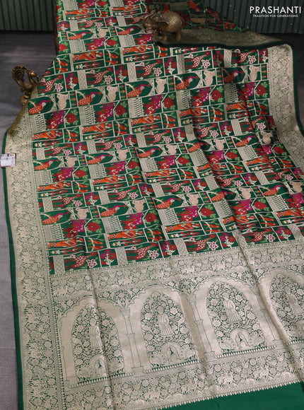Banarasi uppada silk saree green with allover shikargh weaves and zari woven border