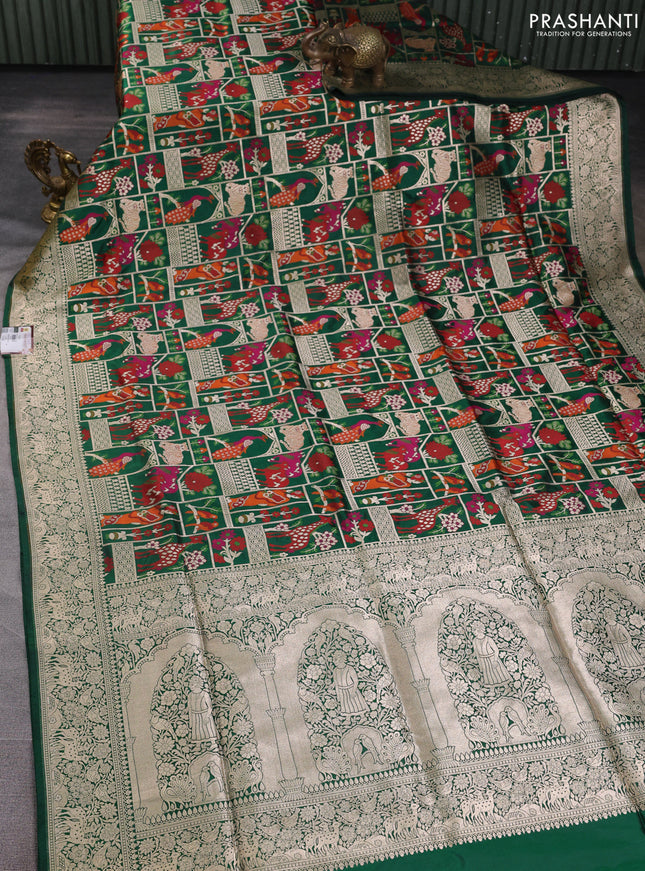 Banarasi uppada silk saree green with allover shikargh weaves and zari woven border