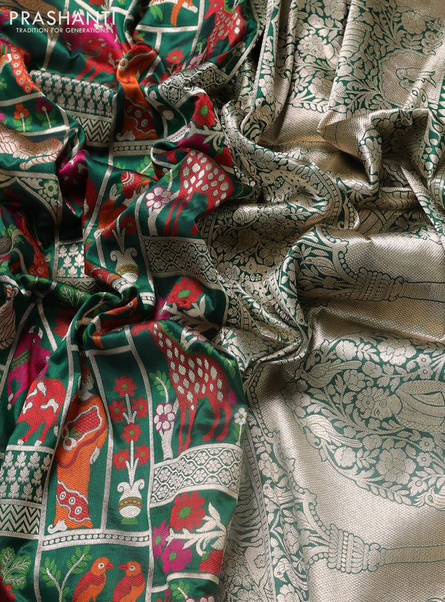 Banarasi uppada silk saree green with allover shikargh weaves and zari woven border
