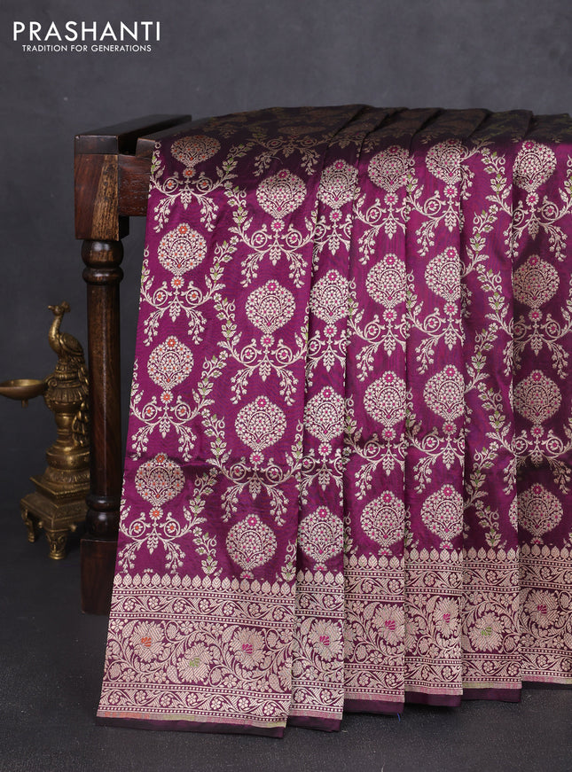 Banarasi uppada silk saree purple with allover zari woven brocade weaves and floral zari woven border