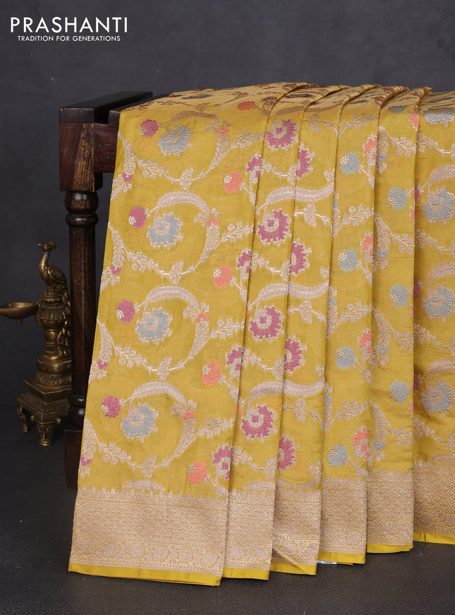 Banarasi uppada silk saree lime yellow with allover thread & zari floral weaves and zari woven border
