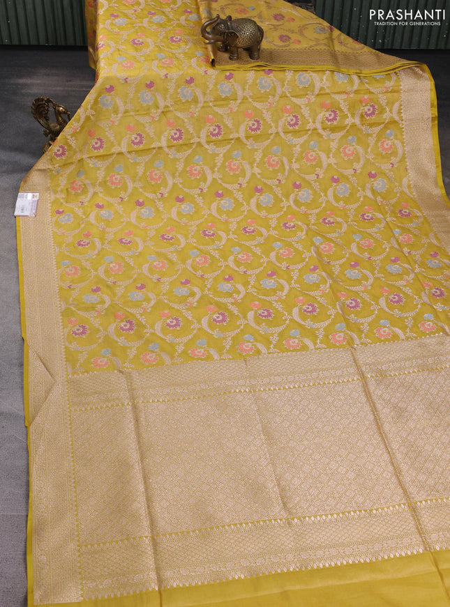 Banarasi uppada silk saree lime yellow with allover thread & zari floral weaves and zari woven border
