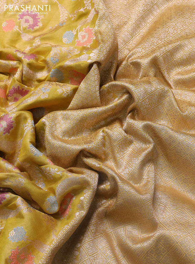 Banarasi uppada silk saree lime yellow with allover thread & zari floral weaves and zari woven border