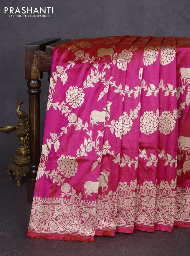 Banarasi uppada silk saree dual shade of candy pink with allover pichwai zari weaves and zari woven border