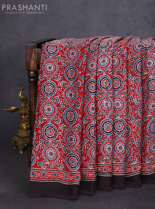 Modal silk saree maroon and coffee brown with allover ajrakh prints and printed border