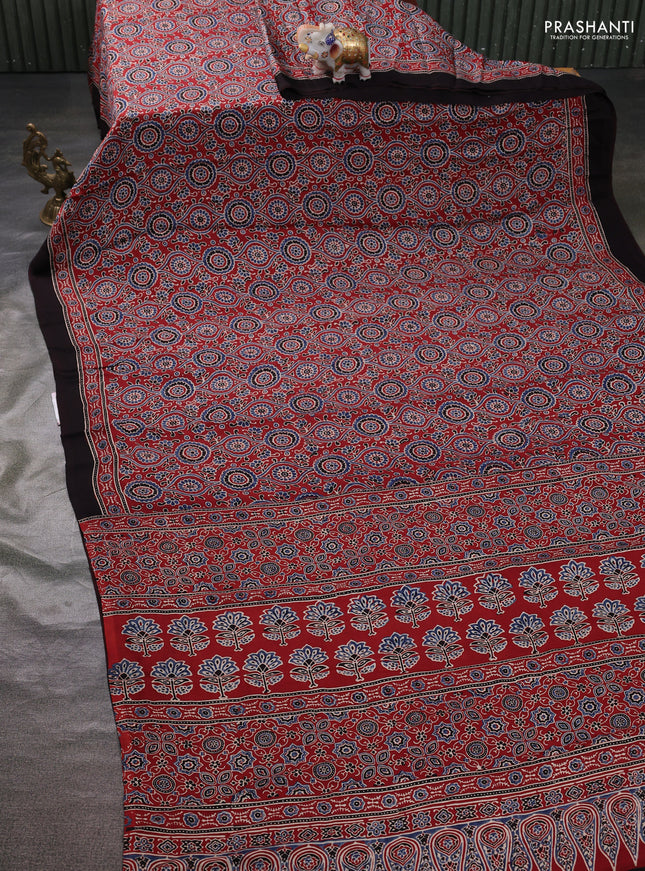 Modal silk saree maroon and coffee brown with allover ajrakh prints and printed border