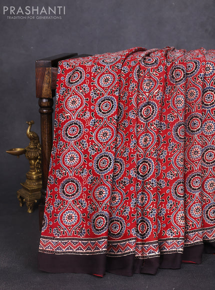Modal silk saree maroon and coffee brown with allover ajrakh prints and printed border