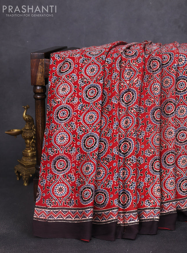 Modal silk saree maroon and coffee brown with allover ajrakh prints and printed border