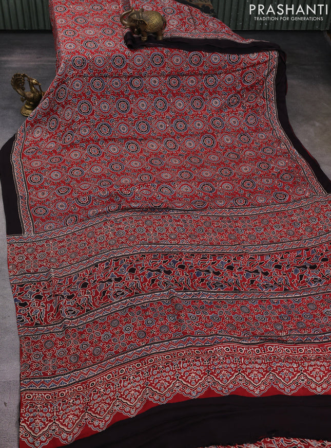 Modal silk saree maroon and coffee brown with allover ajrakh prints and printed border
