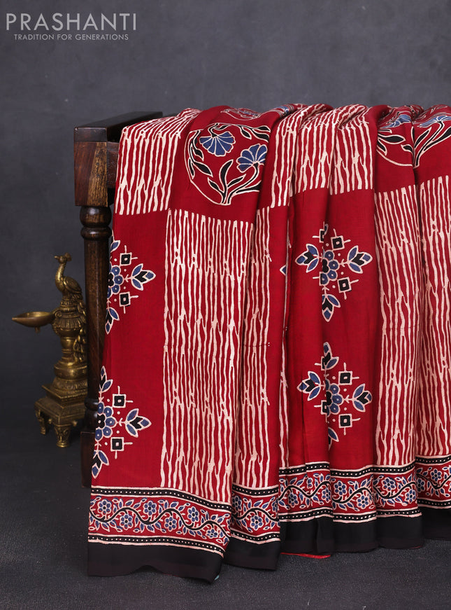 Modal silk saree maroon and black with allover ajrakh prints and printed border