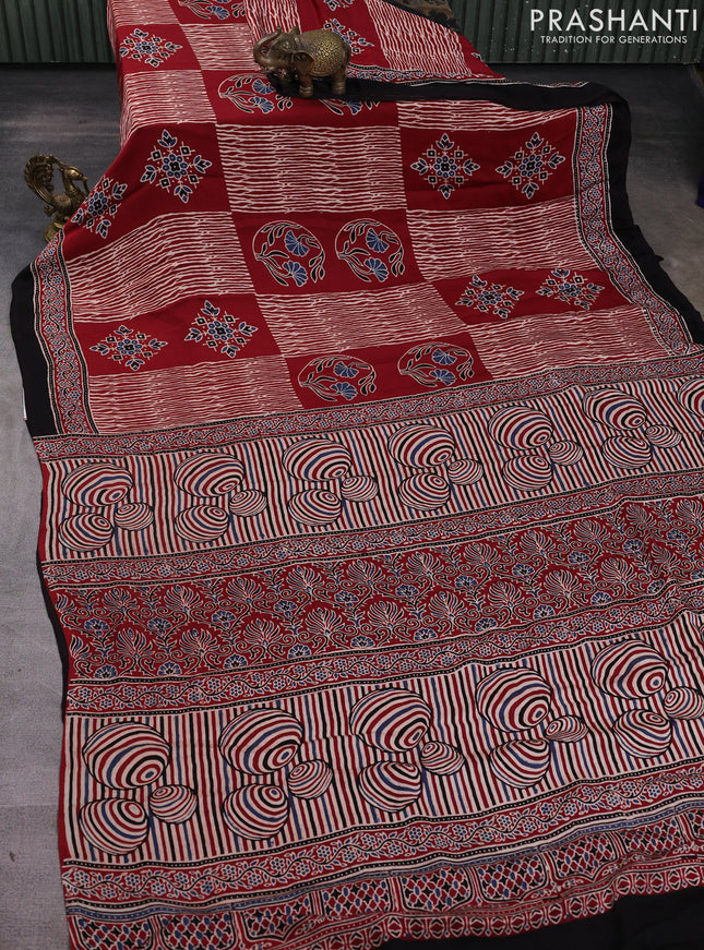 Modal silk saree maroon and black with allover ajrakh prints and printed border