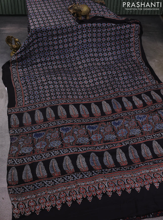 Modal silk saree black and blue with allover ajrakh prints and printed border