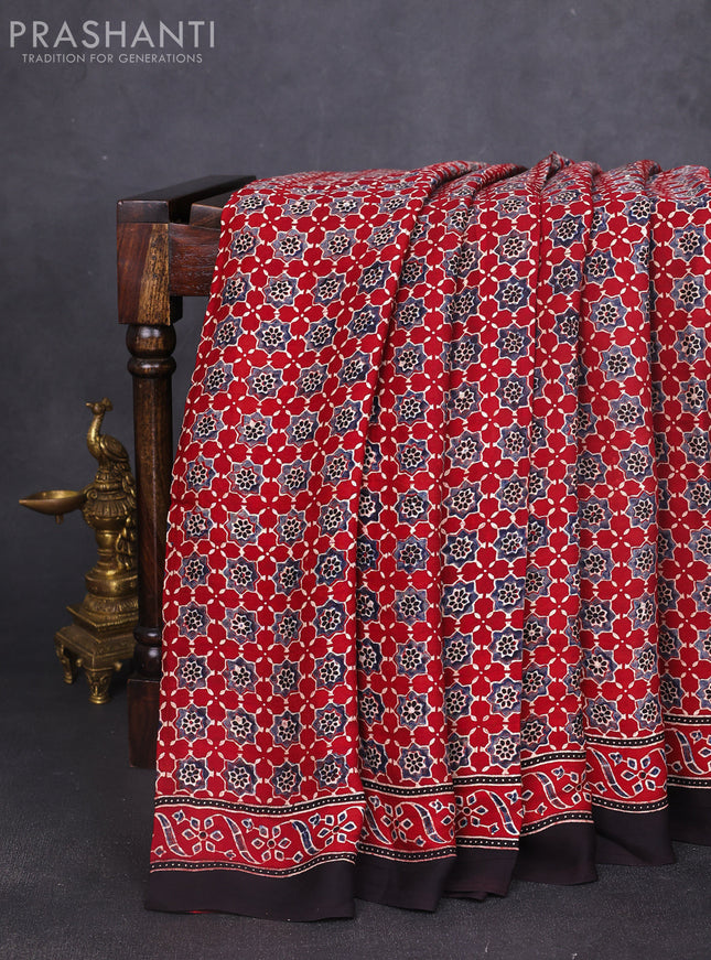 Modal silk saree maroon and coffee brown with allover ajrakh prints and printed border