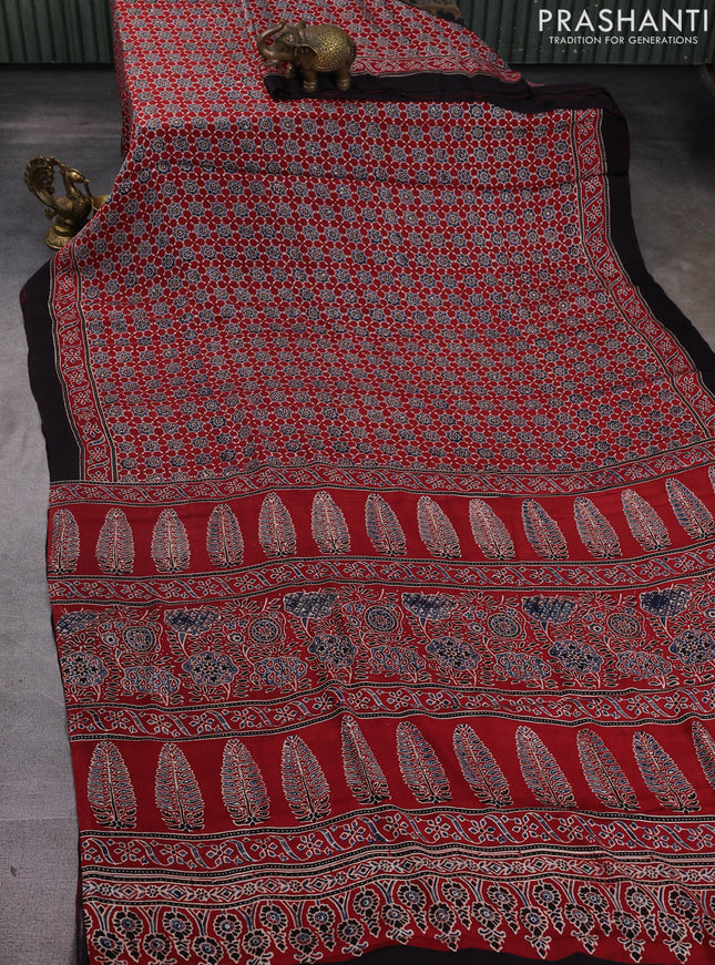 Modal silk saree maroon and coffee brown with allover ajrakh prints and printed border