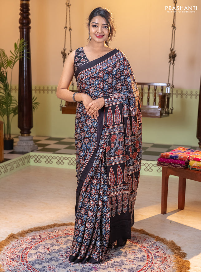 Modal silk saree black with allover ajrakh prints and printed border