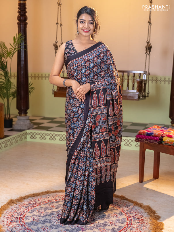 Modal silk saree black with allover ajrakh prints and printed border