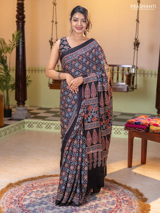 Modal silk saree black with allover ajrakh prints and printed border