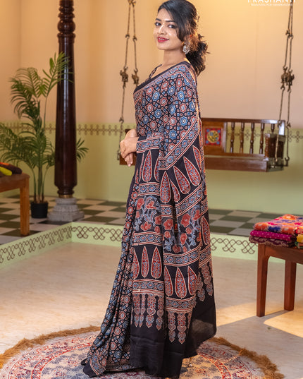 Modal silk saree black with allover ajrakh prints and printed border