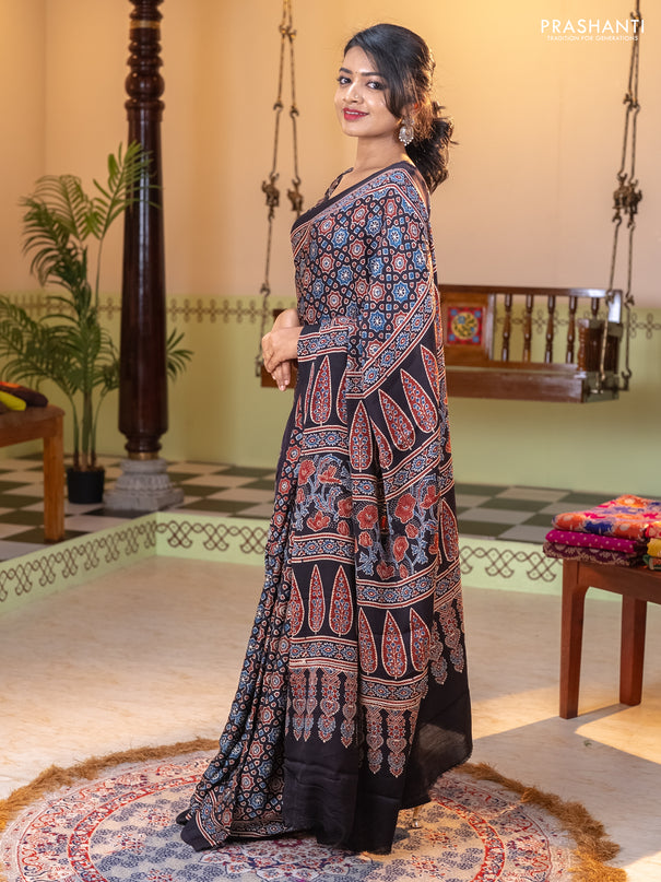 Modal silk saree black with allover ajrakh prints and printed border