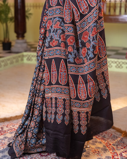 Modal silk saree black with allover ajrakh prints and printed border