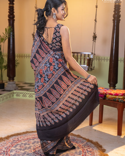 Modal silk saree black with allover ajrakh prints and printed border