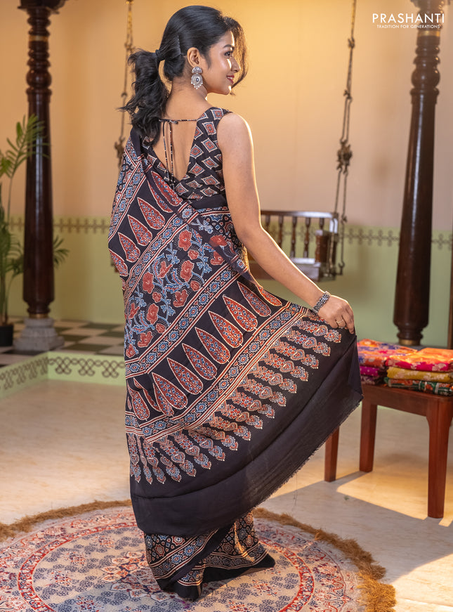 Modal silk saree black with allover ajrakh prints and printed border